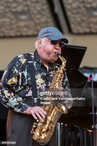 American Jazz musician Lee Konitz plays alto saxophone as he leads his quartet during a performance at the 25th Annual Charlie Parker Jazz Festival...