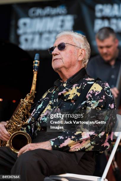 American Jazz musician Lee Konitz plays alto saxophone as he leads his quartet during a performance at the 25th Annual Charlie Parker Jazz Festival...