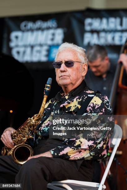 American Jazz musician Lee Konitz plays alto saxophone as he leads his quartet during a performance at the 25th Annual Charlie Parker Jazz Festival...