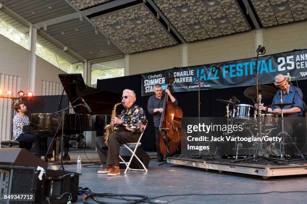 American Jazz musician Lee Konitz plays alto saxophone as he leads his quartet during a performance at the 25th Annual Charlie Parker Jazz Festival...