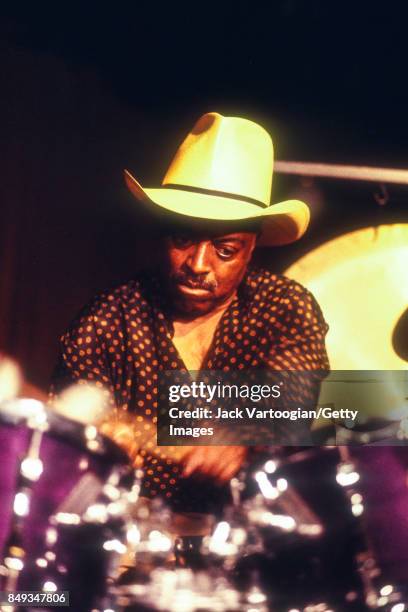 American Jazz musician Roy Haynes plays drums as he leads his quartet during a performance at the Village Vanguard nightclub, New York, New York,...