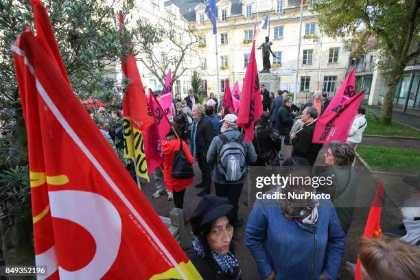 Members of several labor unions, as CGT, FO, FSU Solidaires and Unef, demonstrate in front of the Villejuifs town hall, a southern Paris suburb, on...