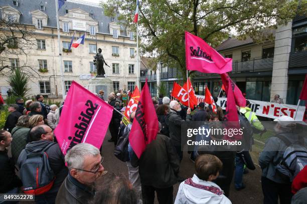 Members of several labor unions, as CGT, FO, FSU Solidaires and Unef, demonstrate in front of the Villejuifs town hall, a southern Paris suburb, on...