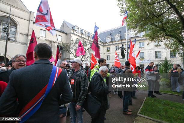 Members of several labor unions, as CGT, FO, FSU Solidaires and Unef, demonstrate in front of the Villejuifs town hall, a southern Paris suburb, on...