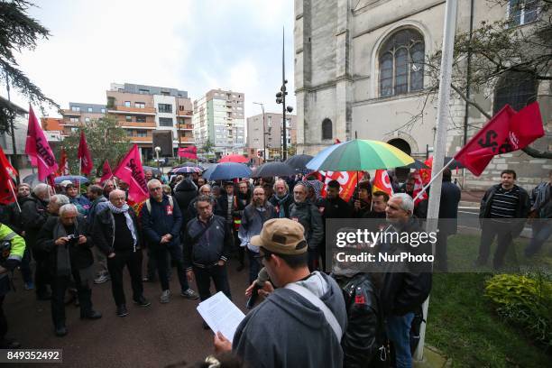 Members of several labor unions, as CGT, FO, FSU Solidaires and Unef, demonstrate in front of the Villejuifs town hall, a southern Paris suburb, on...