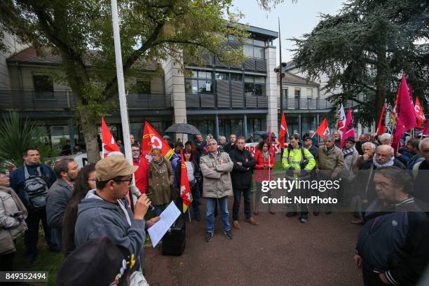 Members of several labor unions, as CGT, FO, FSU Solidaires and Unef, demonstrate in front of the Villejuifs town hall, a southern Paris suburb, on...