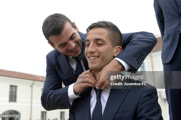 Stefano Sturaro of Juventus and Rodrigo Bentancur attend the First Team Squad Photocall on September 18, 2017 in Turin, Italy.