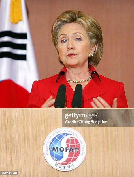 Secretary of State Hillary Clinton speaks during a joint press conference with South Korean Foreign Minister Yu Myung-Hwan at the Foreign Ministry on...