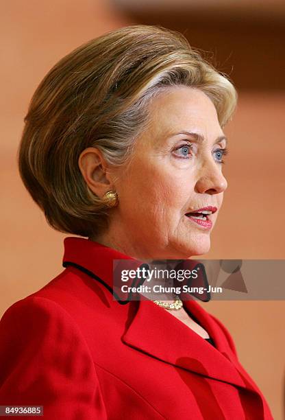 Secretary of State Hillary Clinton speaks during a joint press conference with South Korean Foreign Minister Yu Myung-Hwan at the Foreign Ministry on...