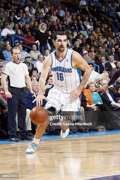 Peja Stojakovic of the New Orleans Hornets moves the ball up court during the game against the New Jersey Nets at New Orleans Arena on January 21,...