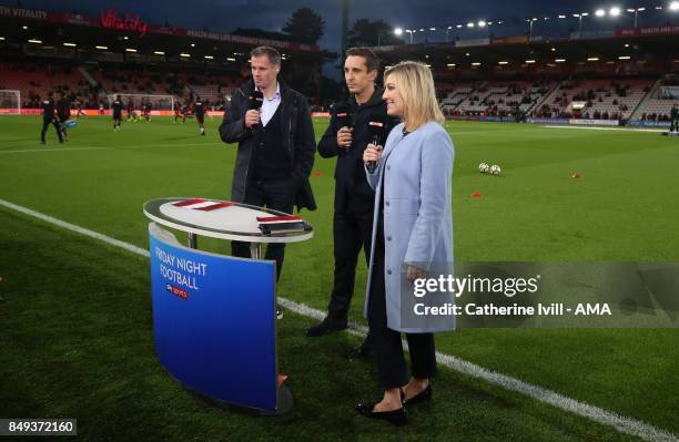 Jamie Carragher, Gary Neville and Kelly Cates present Sky Sports tv Friday night football before the Premier League match between AFC Bournemouth and...