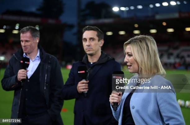 Kelly Cates presents for Sky Sports along side Jamie Carragher and Gary Neville before the Premier League match between AFC Bournemouth and Brighton...