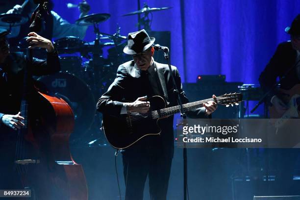 Musician Leonard Cohen performs at the Beacon Theatre February 19, 2009 in New York City.