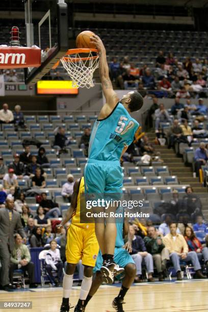 Keith Brumbaugh of the Sioux Falls SkyForce jams on a Fort Wayne Mad Ant at Allen County Memorial Coliseum on February 19, 2009 in Fort Wayne,...