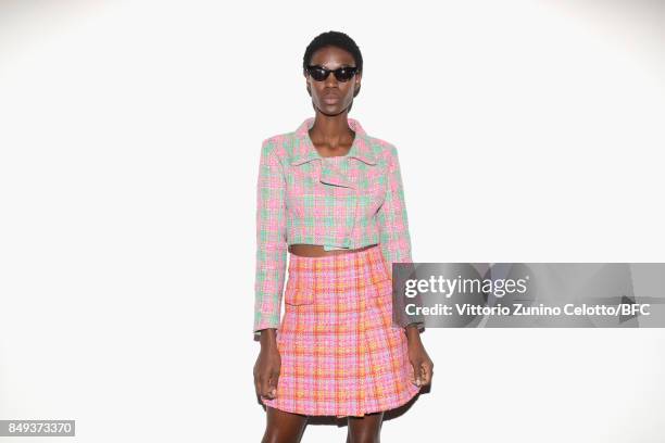 Model backstage ahead of the Emilio de la Morena show during London Fashion Week September 2017 on September 19, 2017 in London, England.