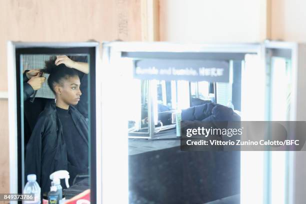 Model backstage ahead of the Emilio de la Morena show during London Fashion Week September 2017 on September 19, 2017 in London, England.