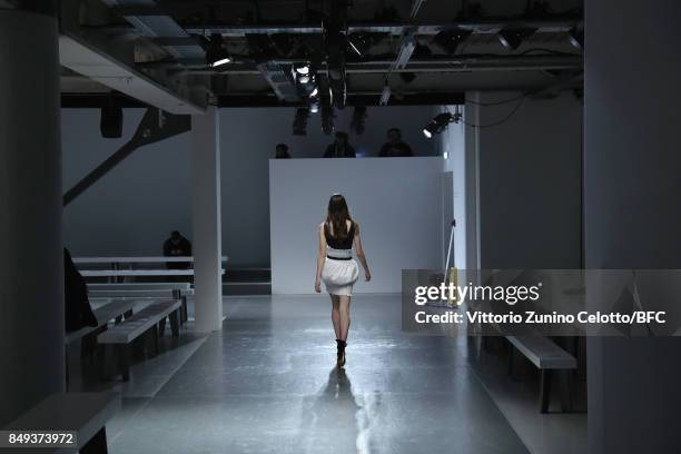 Model is seen on the runway during rehearsals from backstage ahead of the Emilio de la Morena show during London Fashion Week September 2017 on...