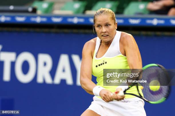 Shelby Rogers of the United States plays a backhand in her match against Risa Ozaki of Japan during day two of the Toray Pan Pacific Open Tennis At...