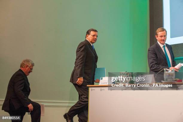 Tanaiste Eamon Gilmore, EU President Jose Manuel Barroso and Taoiseach Enda Kenny arriving for a press conference at Dublin Castle after the visit of...