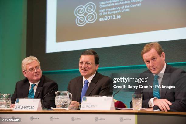 Tanaiste Eamon Gilmore, EU President Jose Manuel Barroso and Taoiseach Enda Kenny during a press conference at Dublin Castle after the visit of the...