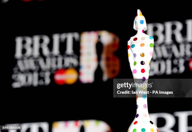 This years Brit Award statue at the Brit Awards 2013 nominations launch at the Savoy Hotel in London.