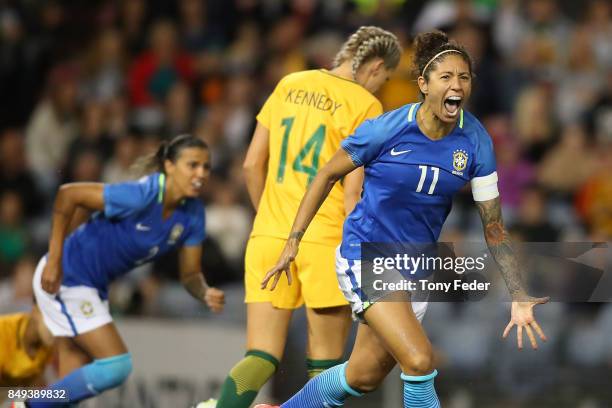 Cristiane Rozeira de Souza Silva of Brazil celebrates a Brazil goal during the Women's International match between the Australian Matildas and Brazil...