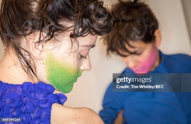 Models backstage ahead of the minki presentation during London Fashion Week September 2017 on September 19, 2017 in London, England.