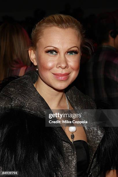 Oksana Baiul attends Custo Barcelona Fall 2009 during Mercedes-Benz Fashion Week at The Promenade in Bryant Park on February 19, 2009 in New York...