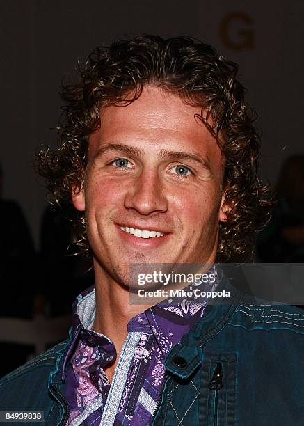 Swimmer Ryan Lochte attends Custo Barcelona Fall 2009 during Mercedes-Benz Fashion Week at The Promenade in Bryant Park on February 19, 2009 in New...