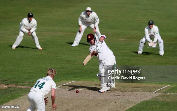 Richard Levi of Northamptonshire drives during the Specsavers County Championship Division Two match between Northamptonshire and Nottinghamshire at...