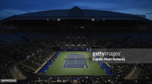 Shelby Rogers of the USA plays a backhand against Risa Ozaki of Japan during day two of the Toray Pan Pacific Open Tennis At Ariake Coliseum on...