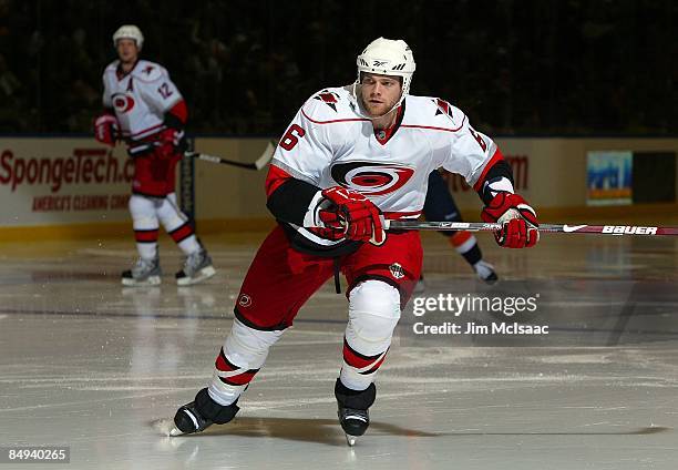 Tim Gleason of the Carolina Hurricanes skates against the New York Islanders on February 19, 2009 at Nassau Coliseum in Uniondale, New York.