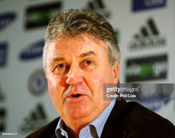 Guus Hiddink, manager of Chelsea, speaks during a press Conference ahead of tomorrow's match against Aston Villa, at Stamford Bridge on February 20,...