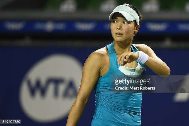 Risa Ozaki of Japan looks on during day two of the Toray Pan Pacific Open Tennis At Ariake Coliseum on September 19, 2017 in Tokyo, Japan.