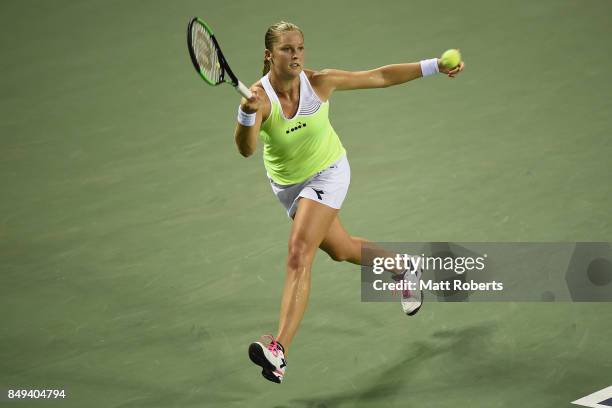 Shelby Rogers of the USA plays a forehand against Risa Ozaki of Japan during day two of the Toray Pan Pacific Open Tennis At Ariake Coliseum on...
