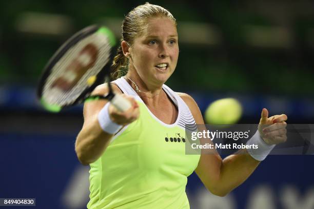 Shelby Rogers of the USA plays a forehand against Risa Ozaki of Japan during day two of the Toray Pan Pacific Open Tennis At Ariake Coliseum on...