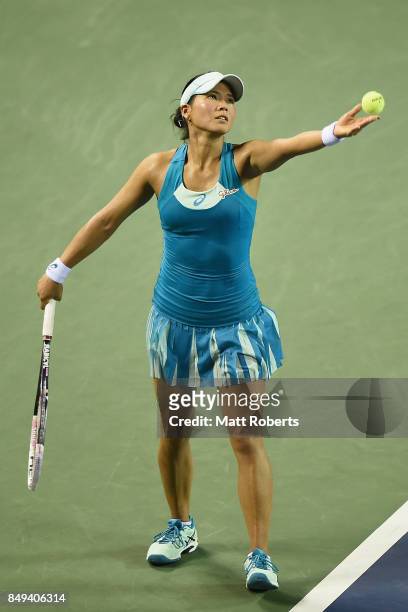 Risa Ozaki of Japan serves in her match against Shelby Rogers of the USA during day two of the Toray Pan Pacific Open Tennis At Ariake Coliseum on...
