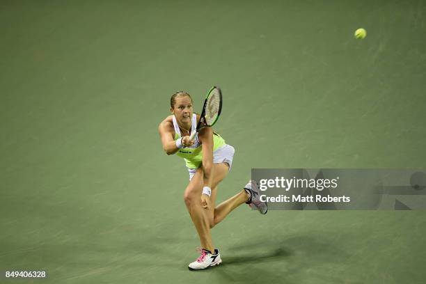 Shelby Rogers of the USA plays a forehand against Risa Ozaki of Japan during day two of the Toray Pan Pacific Open Tennis At Ariake Coliseum on...