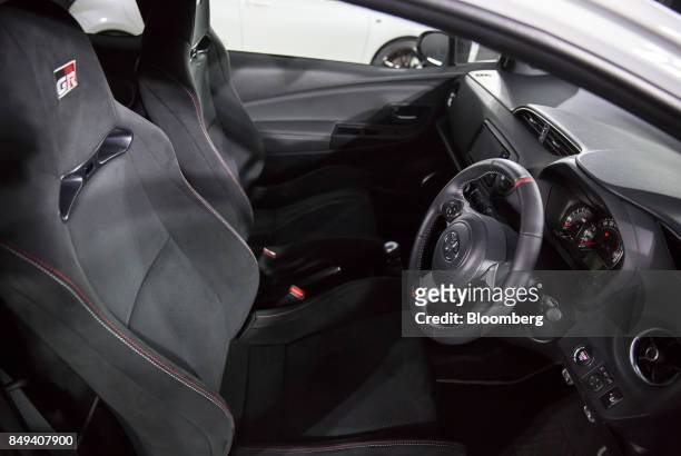 The driver's seat of the Vitz compact car from Toyota Motor Corp.'s "GR" sports car series is seen at its unveiling in Tokyo, Japan, on Tuesday,...