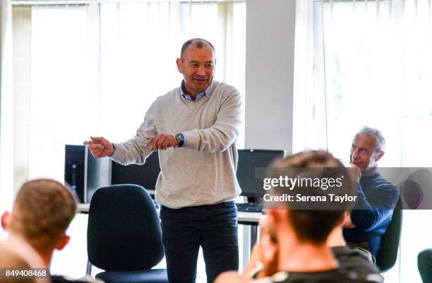 England rugby union head coach Eddie Jones is guest speaker during a visit to the Newcastle United Academy on September 18 in Newcastle upon Tyne,...