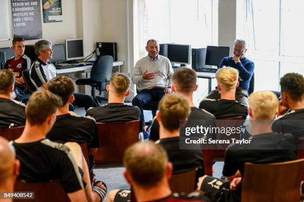 England rugby union head coach Eddie Jones is guest speaker during a visit to the Newcastle United Academy on September 18 in Newcastle upon Tyne,...