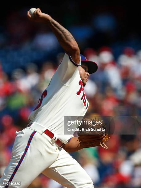 Henderson Alvarez of the Philadelphia Phillies in action against the Oakland Athletics during a game at Citizens Bank Park on September 17, 2017 in...