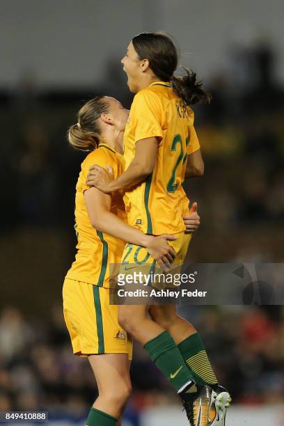 Sam Kerr of Australia celebrates her goal with Emily Van Egmond during the Women's International match between the Australian Matildas and Brazil at...