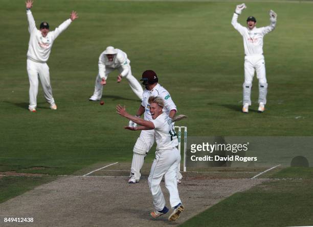Luke Wood of Nottinghamshire celebrates after trapping Richard Levi LBW during the Specsavers County Championship Division Two match between...