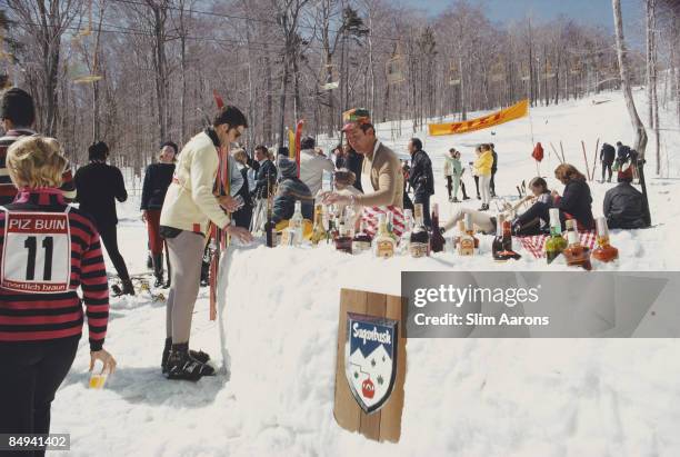 An outdoor bar at Sugarbush, a mountain resort in Vermont, March 1969.