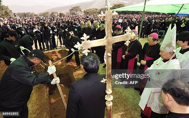 South Korean Roman Catholic Cardinal Nicolas Cheong Jin-suk presides over the funeral of the late Catholic Cardinal Stephen Kim Sou-Hwan at a...