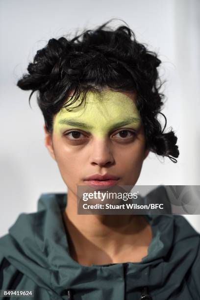 Models showcase designs at the minki presentation during London Fashion Week September 2017 on September 19, 2017 in London, England.