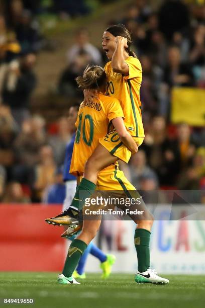 Sam Kerr of the Matildas celebrates a goal with team mate Emily Van Egmond during the Women's International match between the Australian Matildas and...