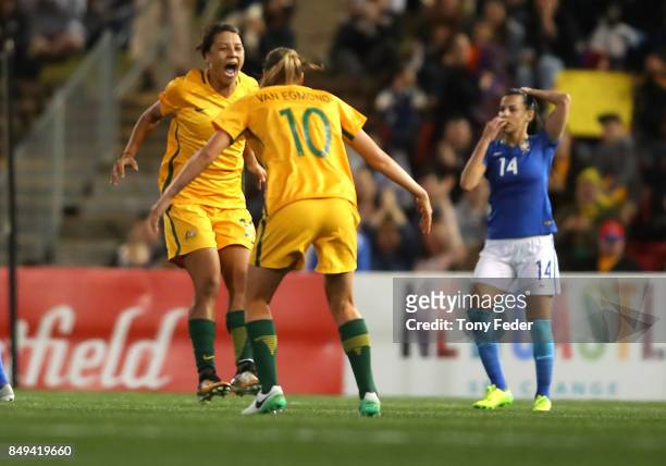 Sam Kerr of the Matildas celebrates a goal with team mate Emily Van Egmond during the Women's International match between the Australian Matildas and...
