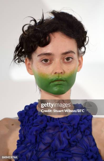 Models showcase designs at the minki presentation during London Fashion Week September 2017 on September 19, 2017 in London, England.